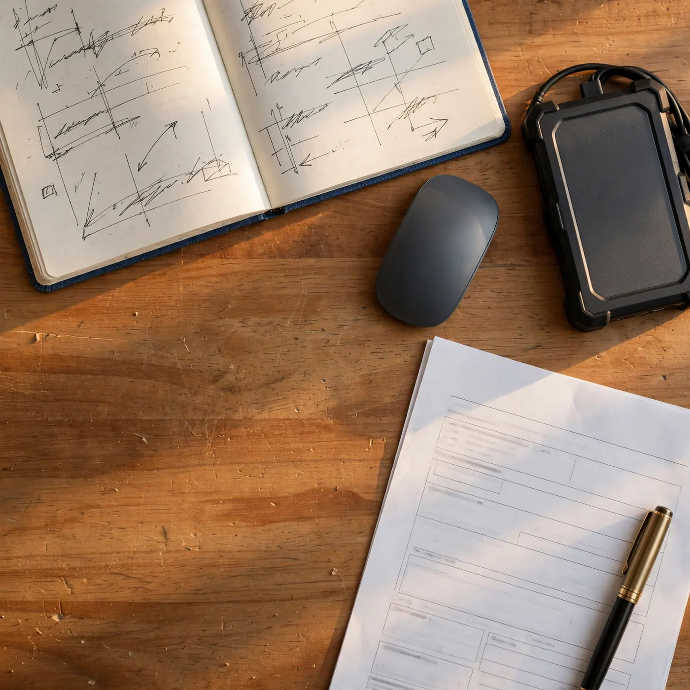 Libreta con apuntes, mouse, disco externo y hoja de contrato con bolígrafo sobre un escritorio de madera