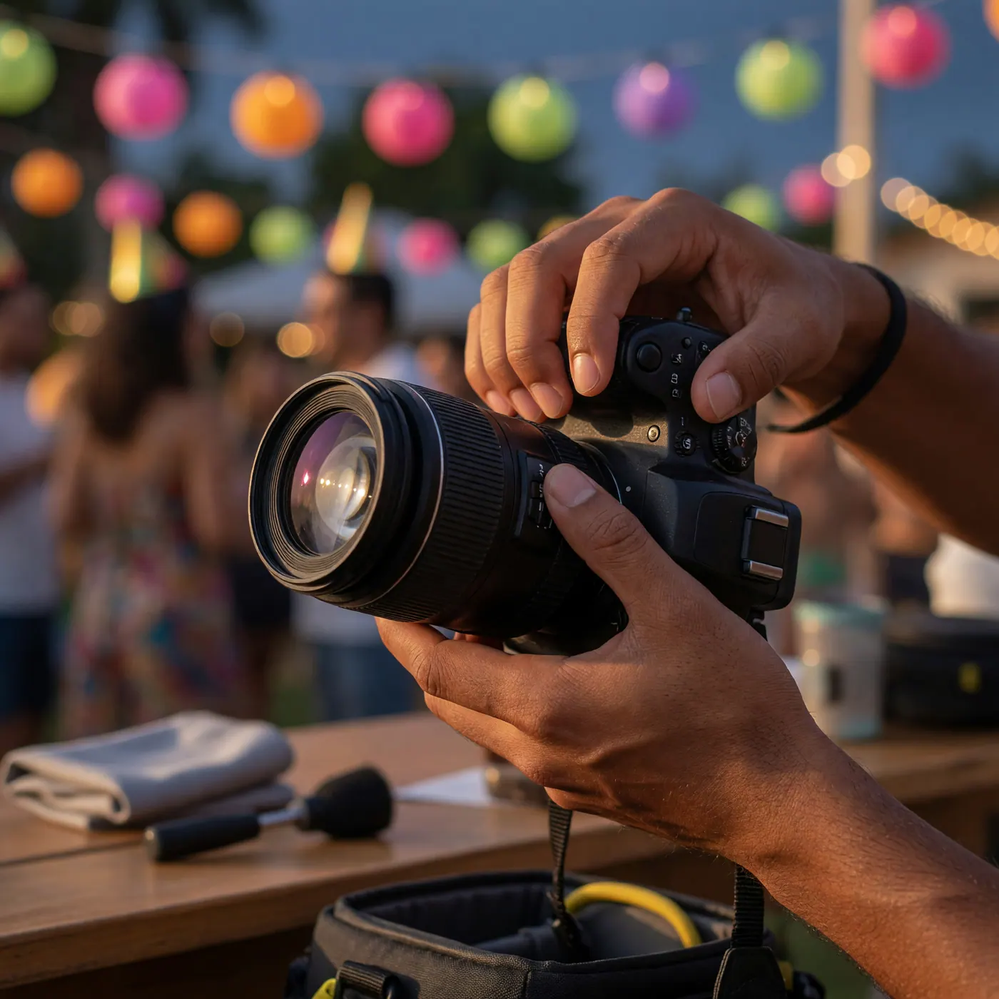 Manos de fotógrafo ajustando el lente de una cámara DSLR durante un evento social, con luces festivas de colores creando un suave efecto bokeh en el fondo.