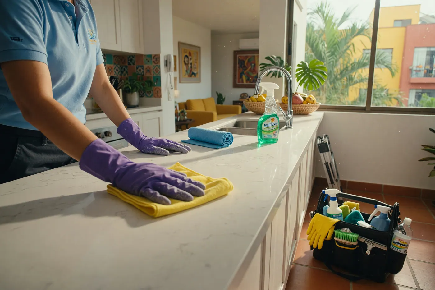 Profesional de limpieza y mantenimiento trabajando en un apartamento iluminado en Colombia