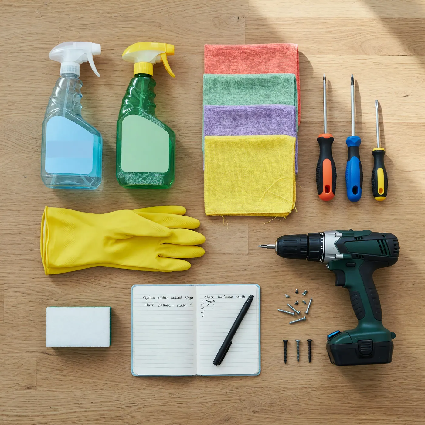 Insumos de limpieza y herramientas de reparación organizados sobre una mesa de madera