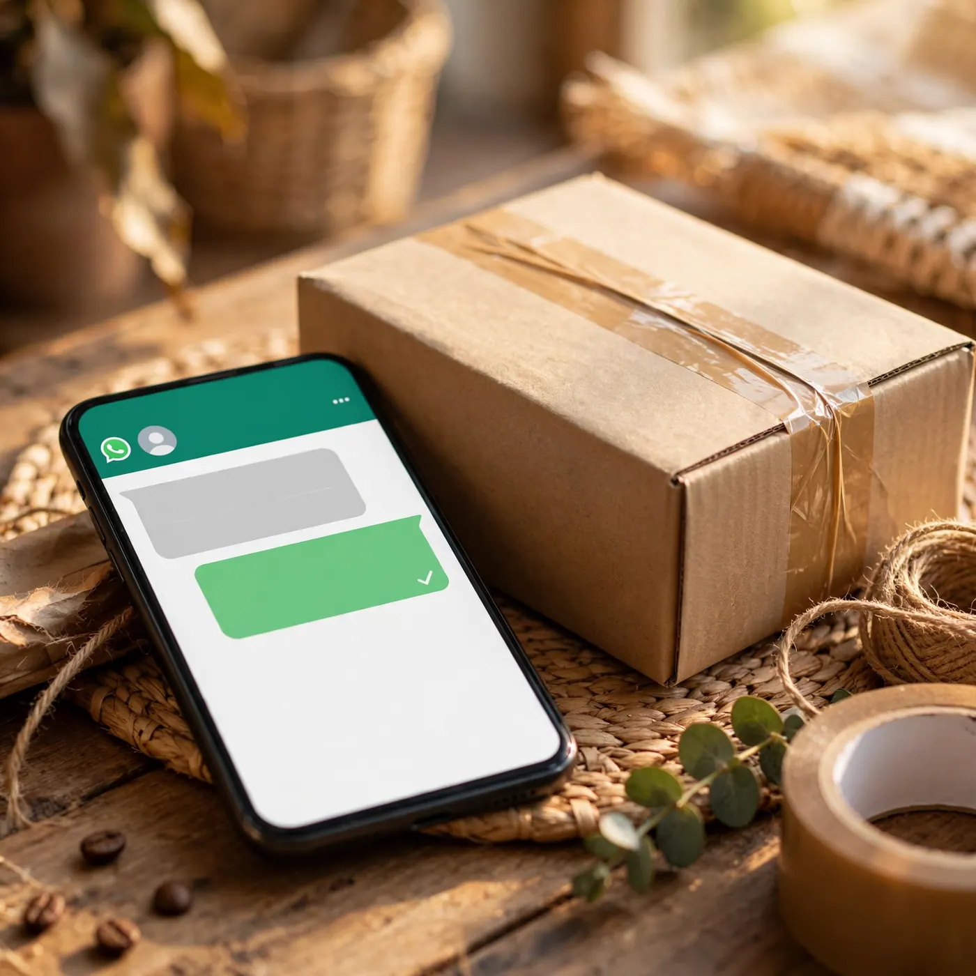 Teléfono con chat de WhatsApp junto a un paquete de cartón sellado sobre un mostrador de madera.