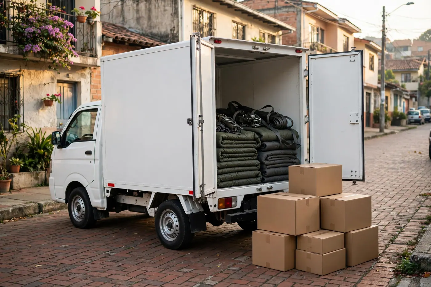 Camión de mudanzas blanco con puertas traseras abiertas, mantas protectoras y cajas en una calle residencial de ladrillo