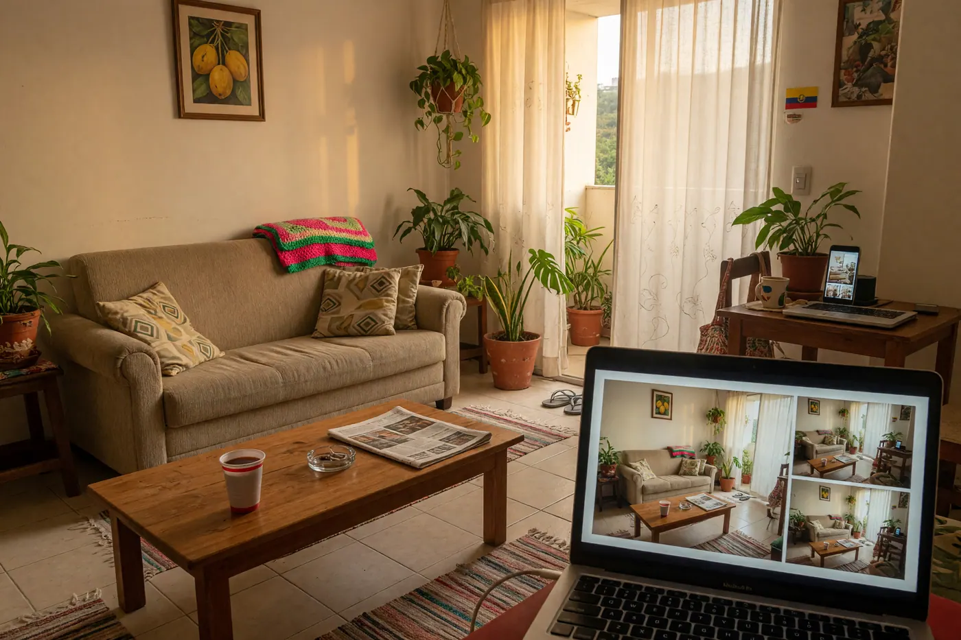 Sala amoblada con sofá beige, mesa de madera, plantas y portátil mostrando fotos del mismo apartamento
