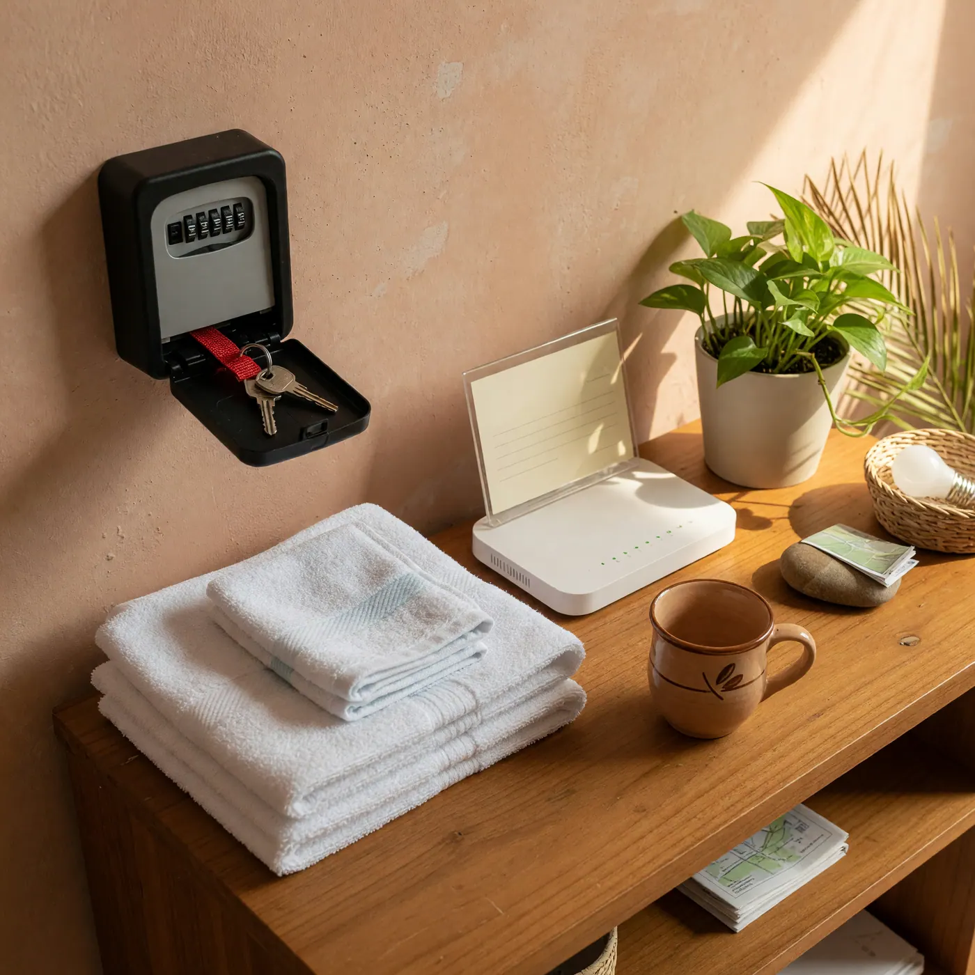 Caja de llaves abierta, toallas blancas dobladas, router Wi-Fi y planta en consola de madera