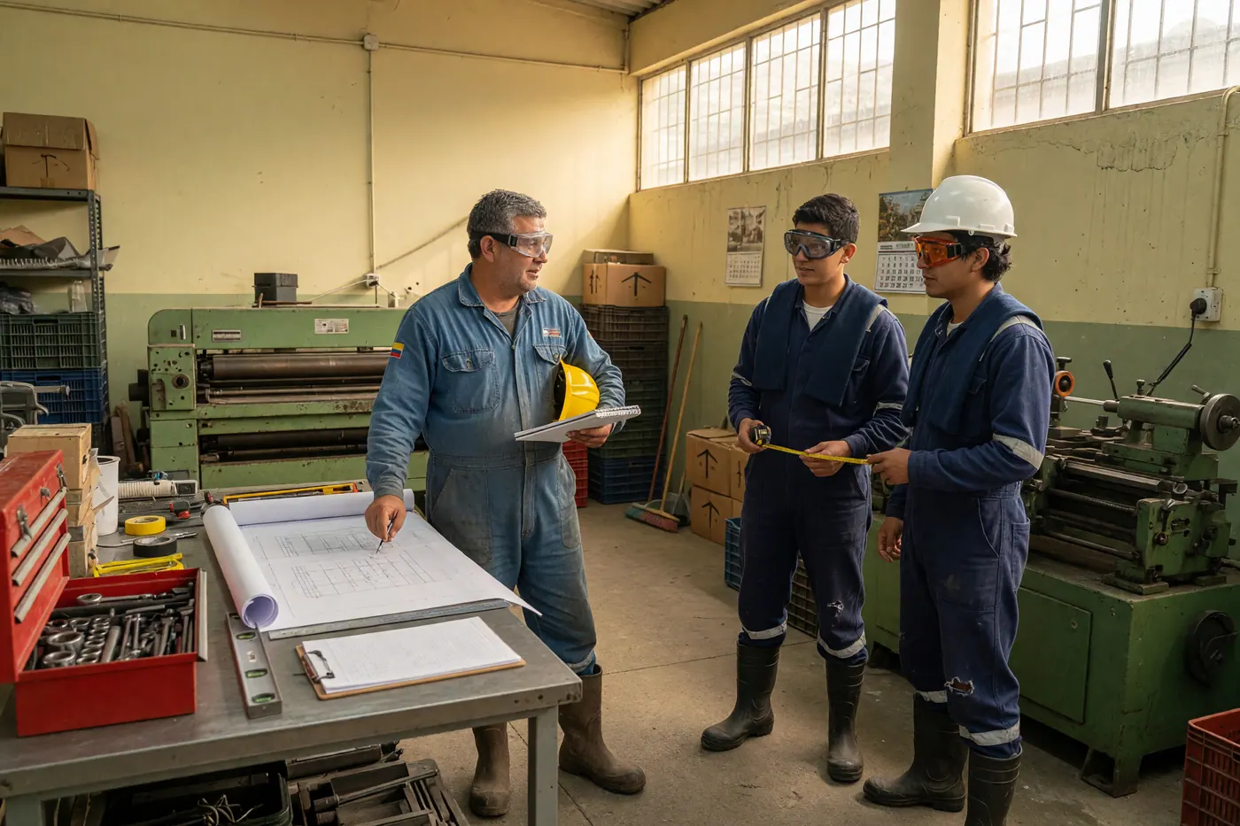 Supervisor de taller y operarios revisando tareas en una pequeña empresa en Colombia
