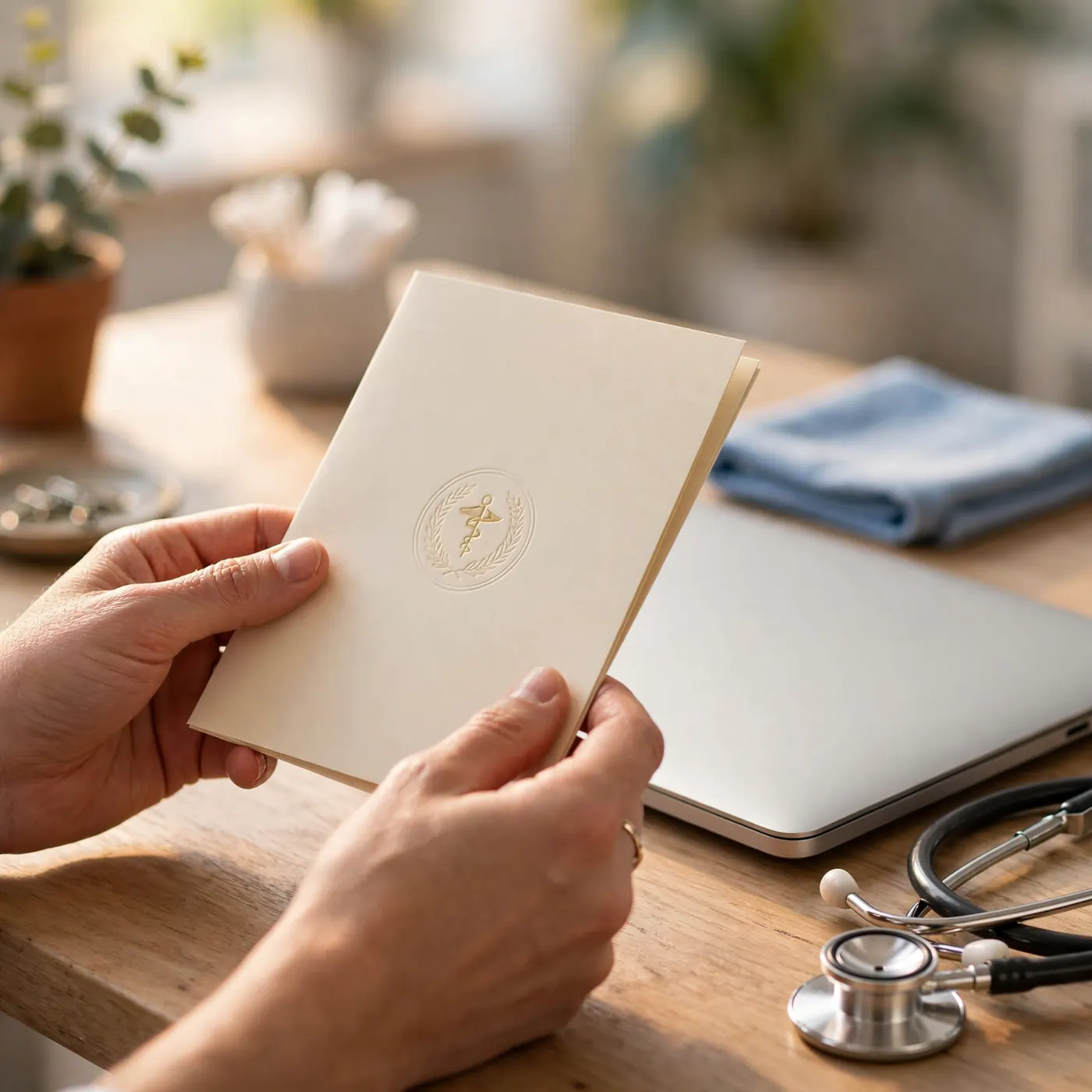 Manos sosteniendo un certificado de salud junto a un portátil y un estetoscopio en un escritorio clínico