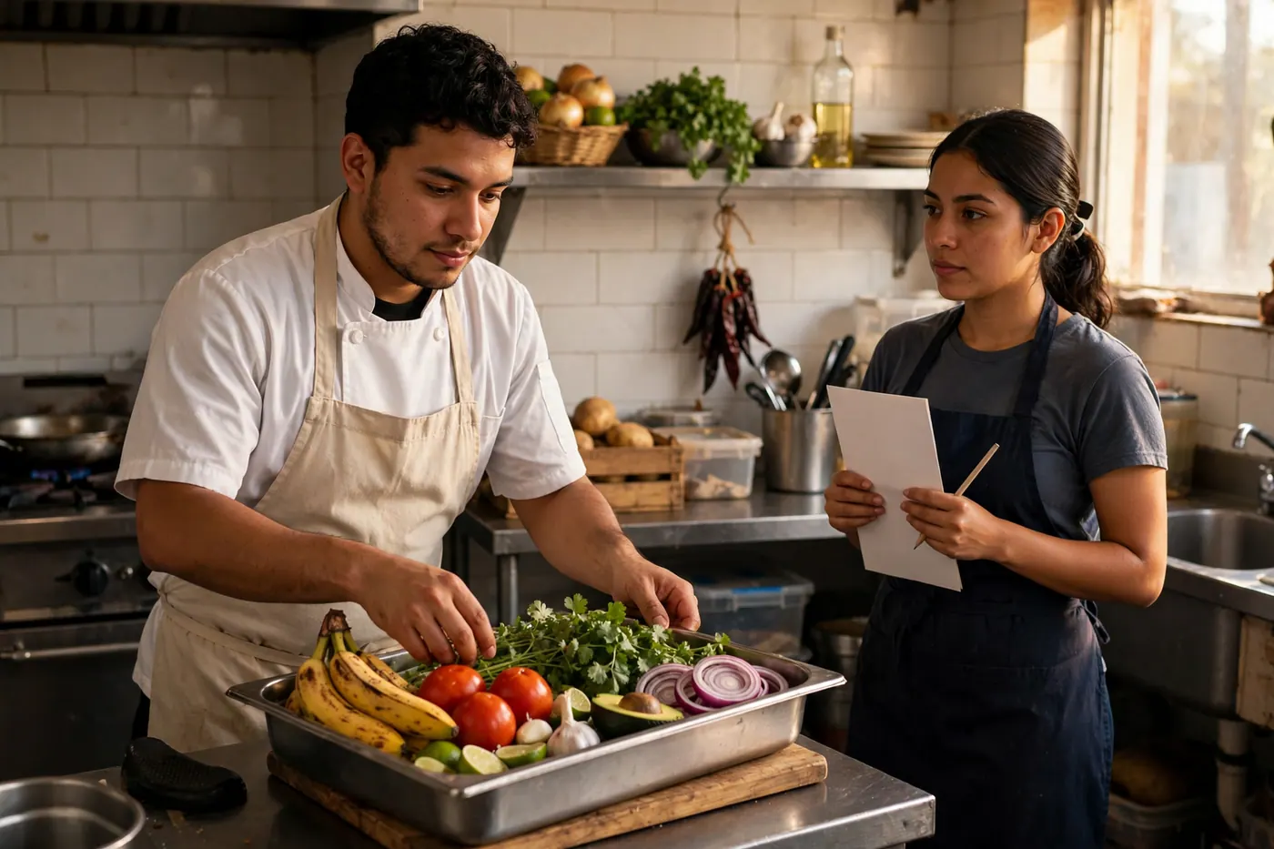 Cocinero y mesera con el rostro completo organizan una bandeja de ingredientes en la cocina de un restaurante
