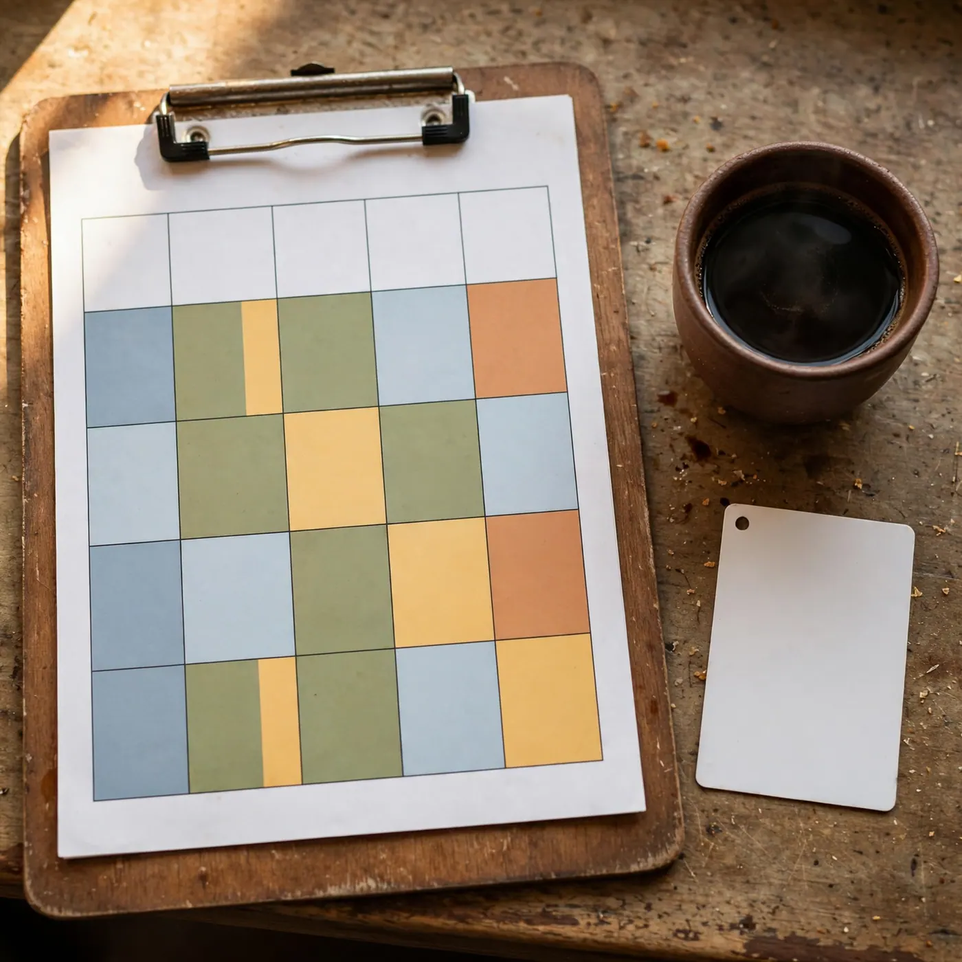 Planilla semanal de colores en una tabla de madera junto a una taza de café y una tarjeta en blanco