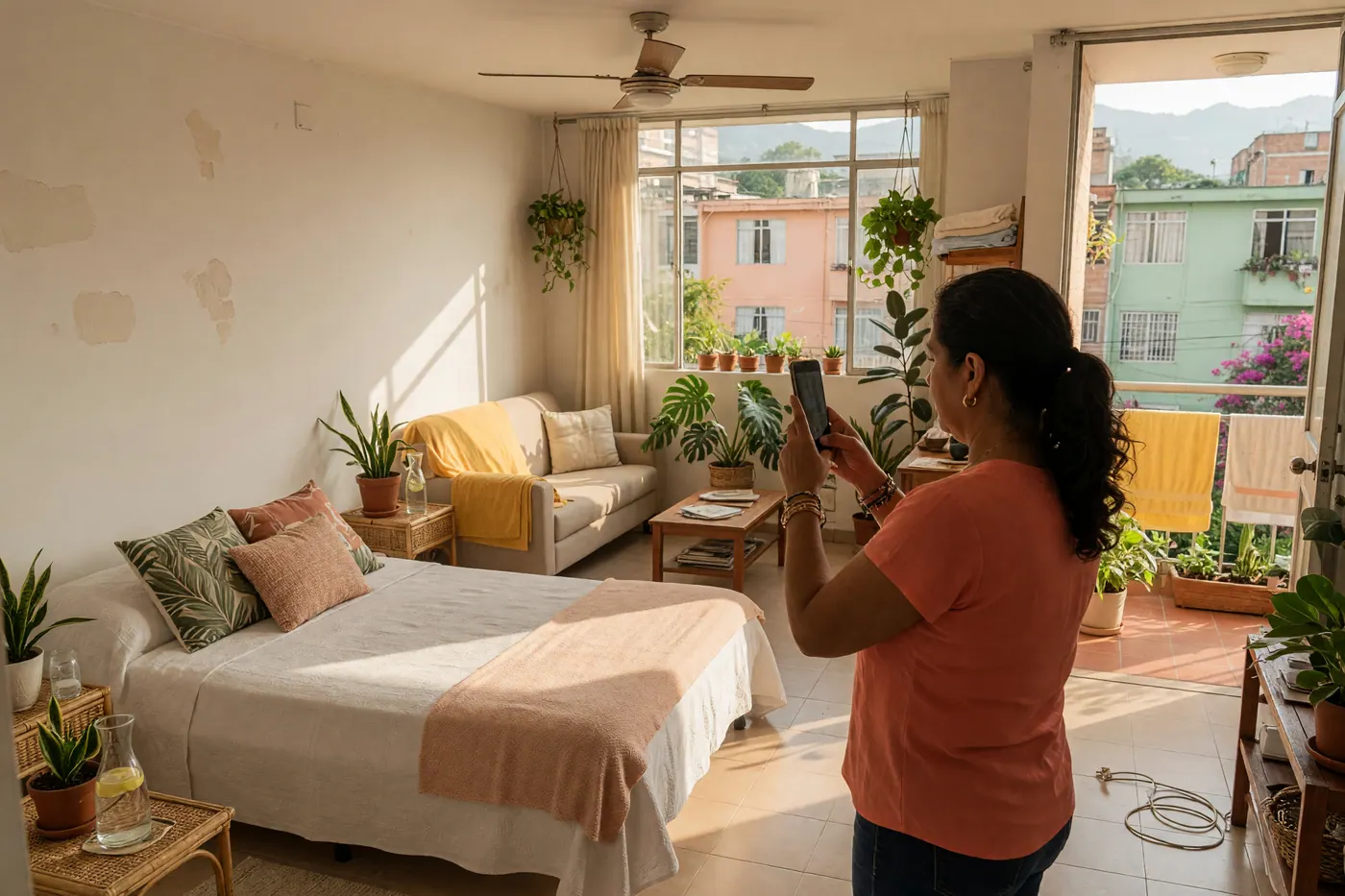 Propietario fotografiando una vivienda temporal luminosa para publicarla en línea
