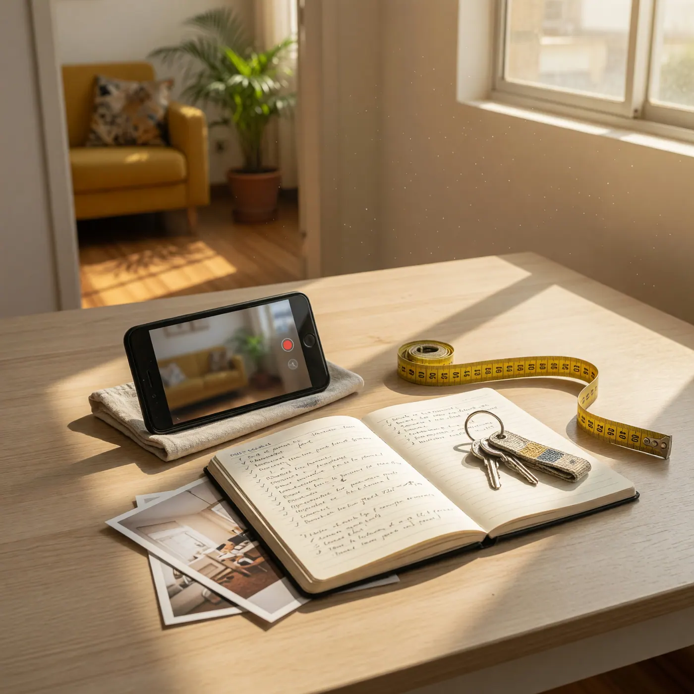 Mesa con teléfono, cuaderno de notas y llaves para preparar el anuncio de una vivienda temporal