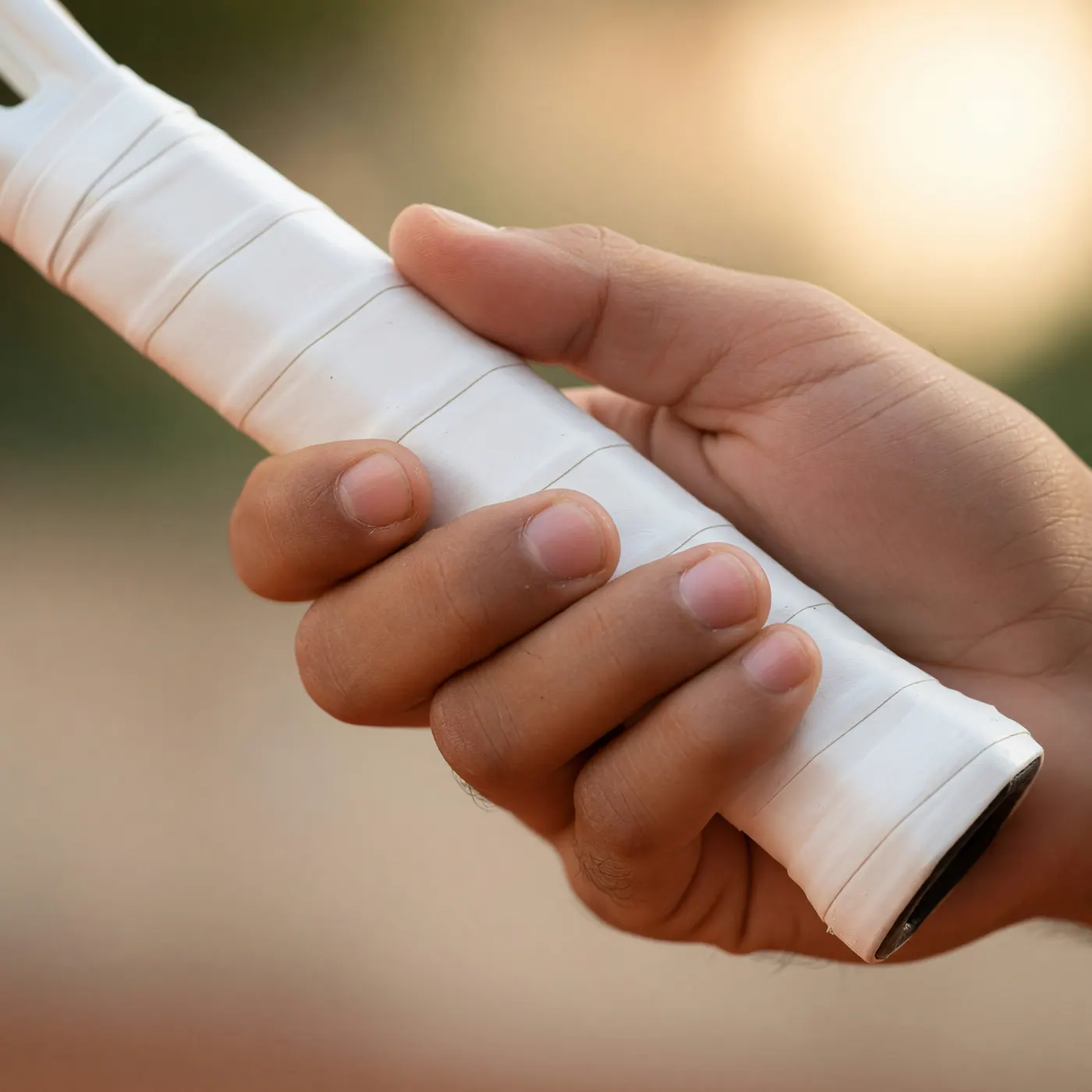 Mano de jugador sosteniendo raqueta de tenis con overgrip blanco, mostrando la distancia de un dedo índice entre puntas de dedos y palma para el grip correcto