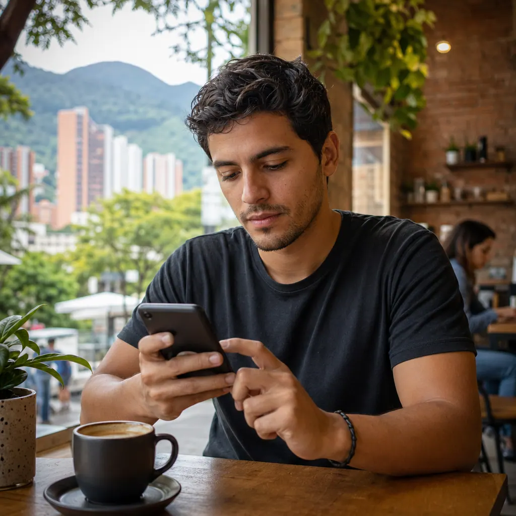 Colombiano retornado usando banca móvil en un café de Medellín