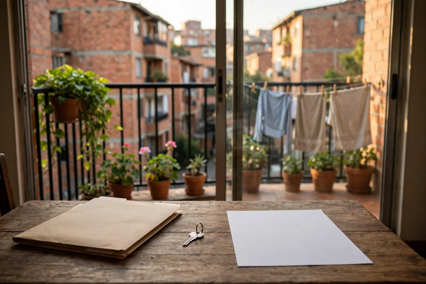 Apartment dining table with a closed folder, a house key and a blank sheet, facing balcony plants and laundry