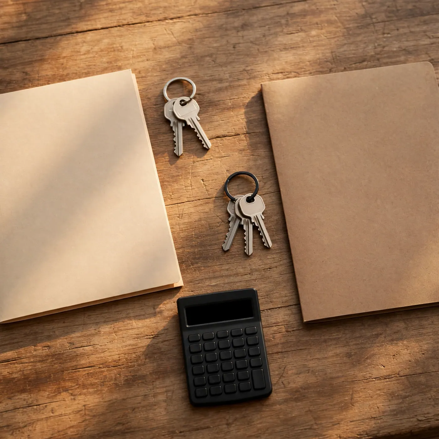 Two separate key rings and two closed folders on a wooden table beside a small calculator