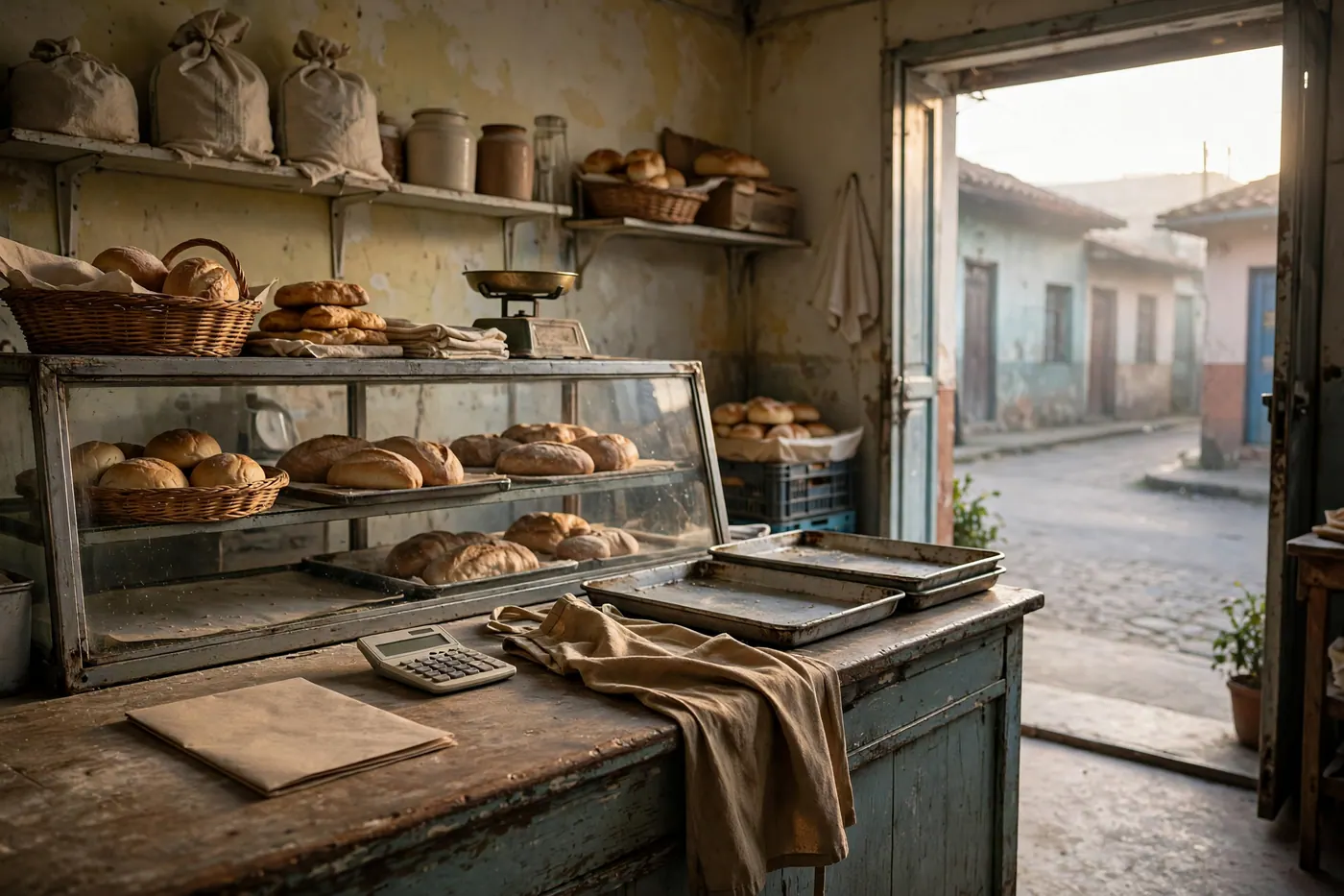 Mostrador de una panadería al amanecer con un horario semanal en papel, una calculadora, un delantal y bandejas metálicas