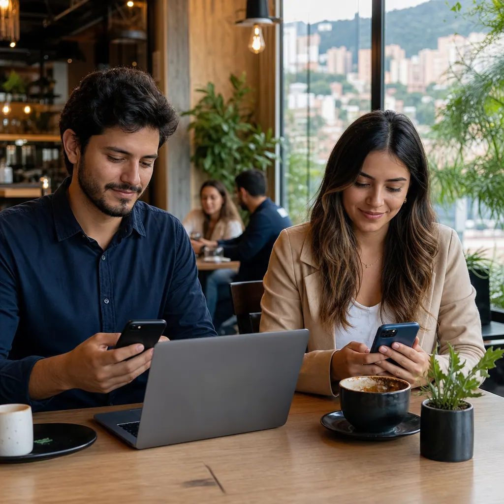 Person using smartphone for international banking transfers in a modern Colombian cafe