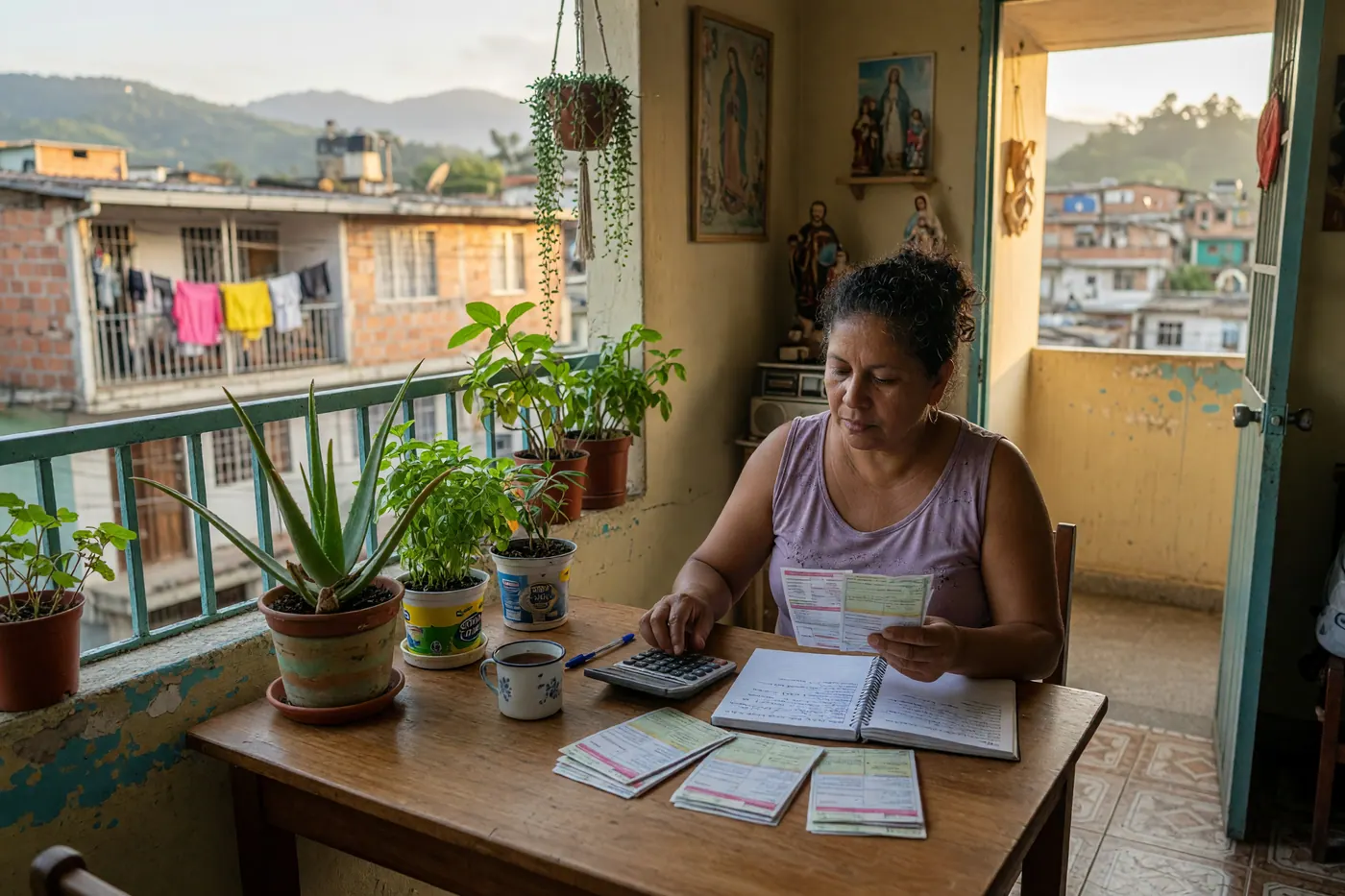 Persona en Colombia revisando facturas de servicios públicos con calculadora y libreta de notas en mesa de comedor con vista a barrio residencial