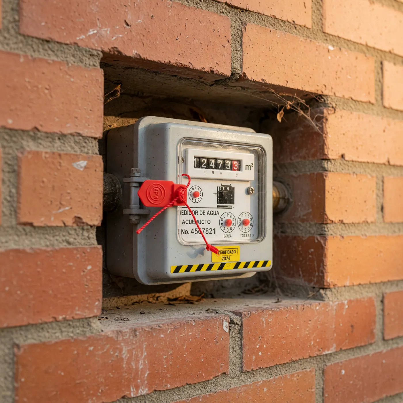 Medidor de agua de acueducto con sello de seguridad instalado en nicho de ladrillo en fachada de inmueble residencial en Colombia