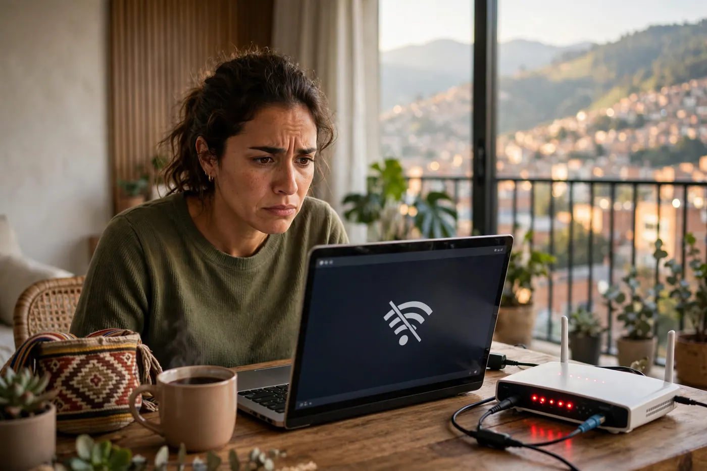 Mujer frente a un portátil con icono de Wi-Fi cortado y un router con luces rojas en un apartamento con vista a cerros