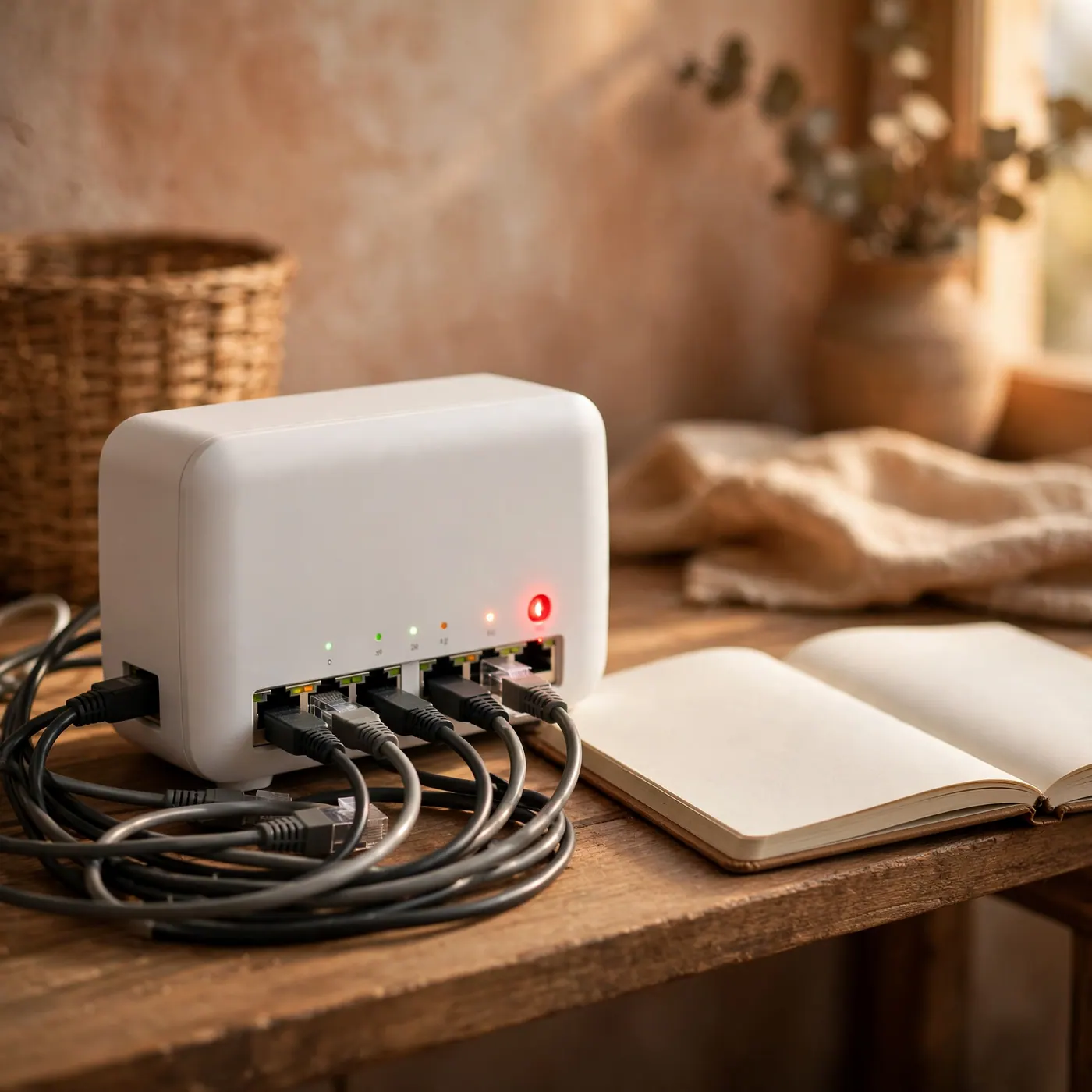 Enrutador de internet fijo con cables de red, luz de alerta roja y un cuaderno abierto sobre una mesa de madera