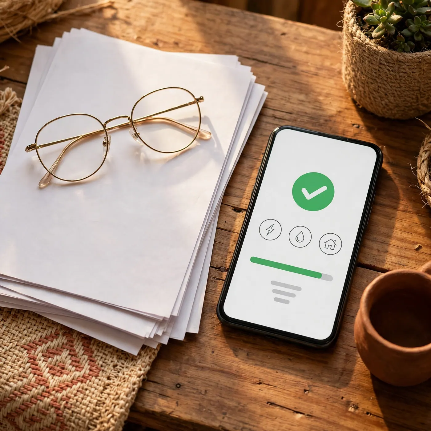 Documentos de derecho de petición, gafas y celular con confirmación de servicios sobre un escritorio de madera