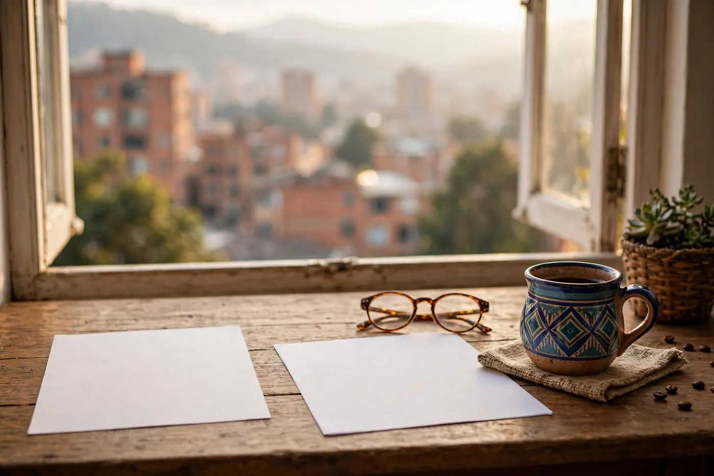 Mesa de madera junto a una ventana abierta con papeles en blanco, gafas, taza de café y edificios de ladrillo al fondo