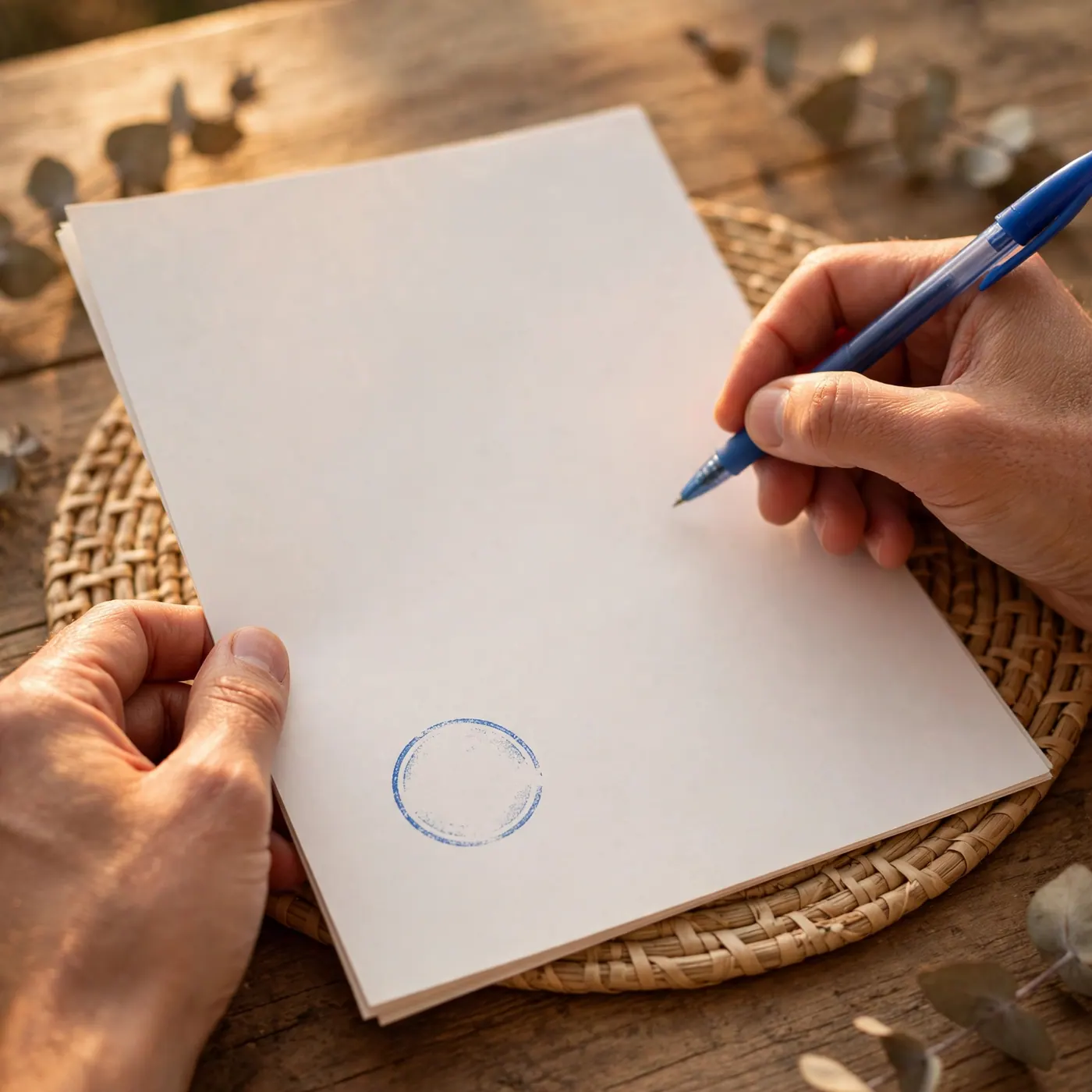 Manos sosteniendo un bolígrafo azul y una hoja con sello circular sobre una mesa de madera