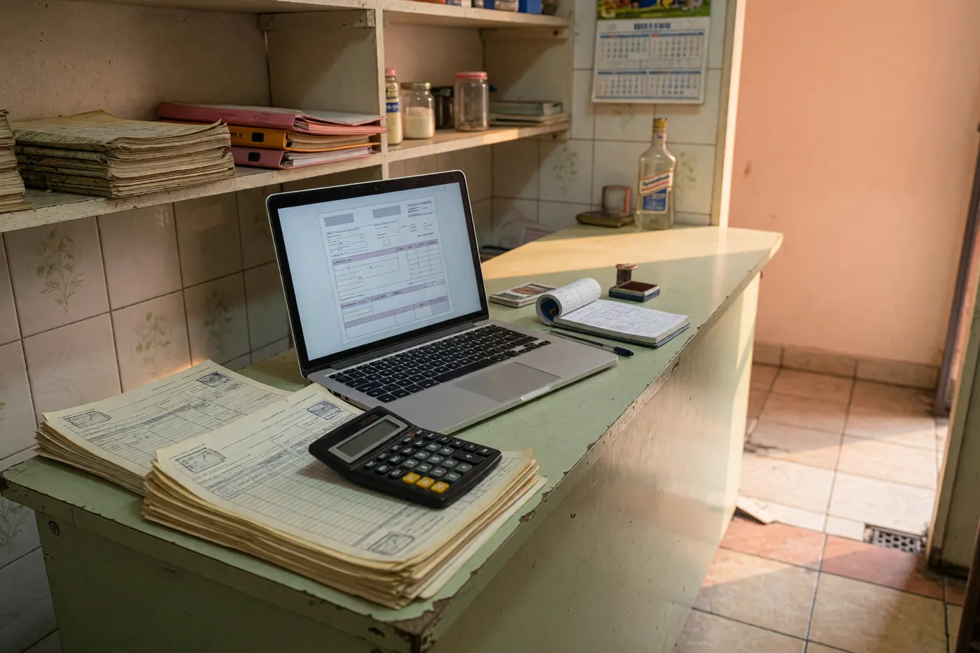 Papeles tributarios, calculadora y portátil sobre el mostrador de un pequeño negocio colombiano
