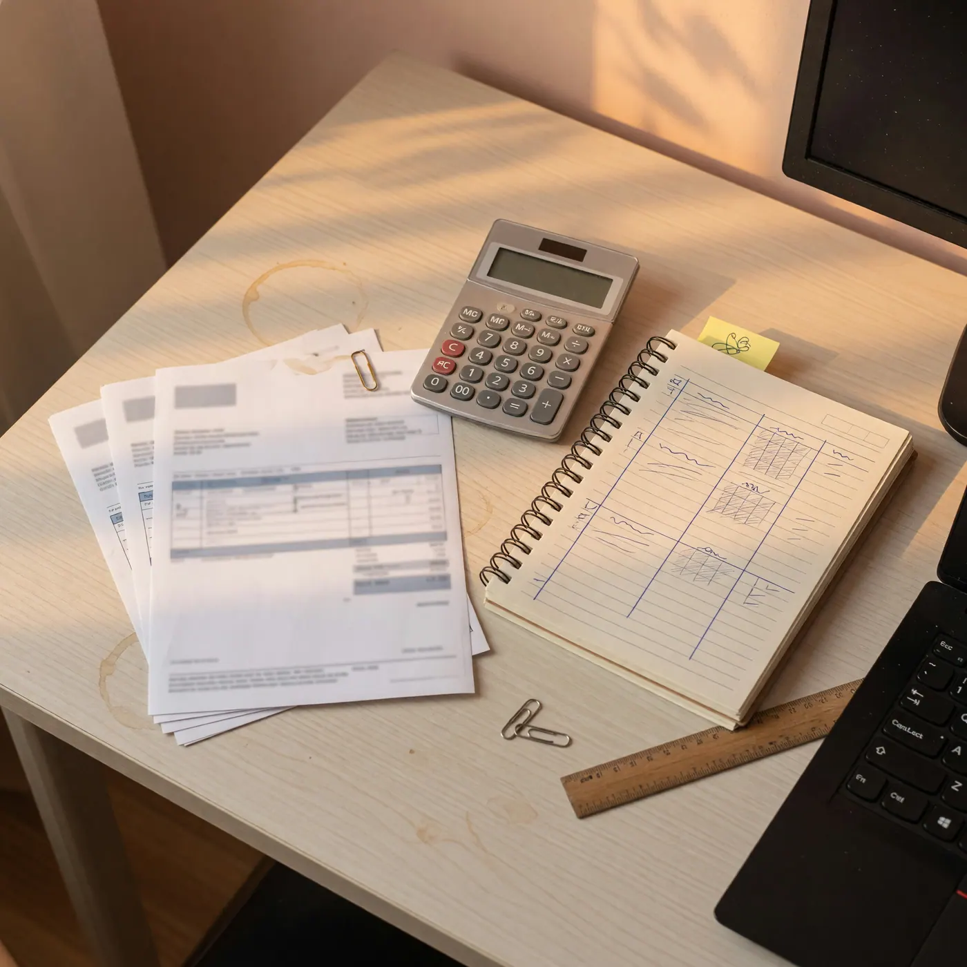 Facturas, calculadora, cuaderno y portátil organizados en un escritorio de pequeño negocio