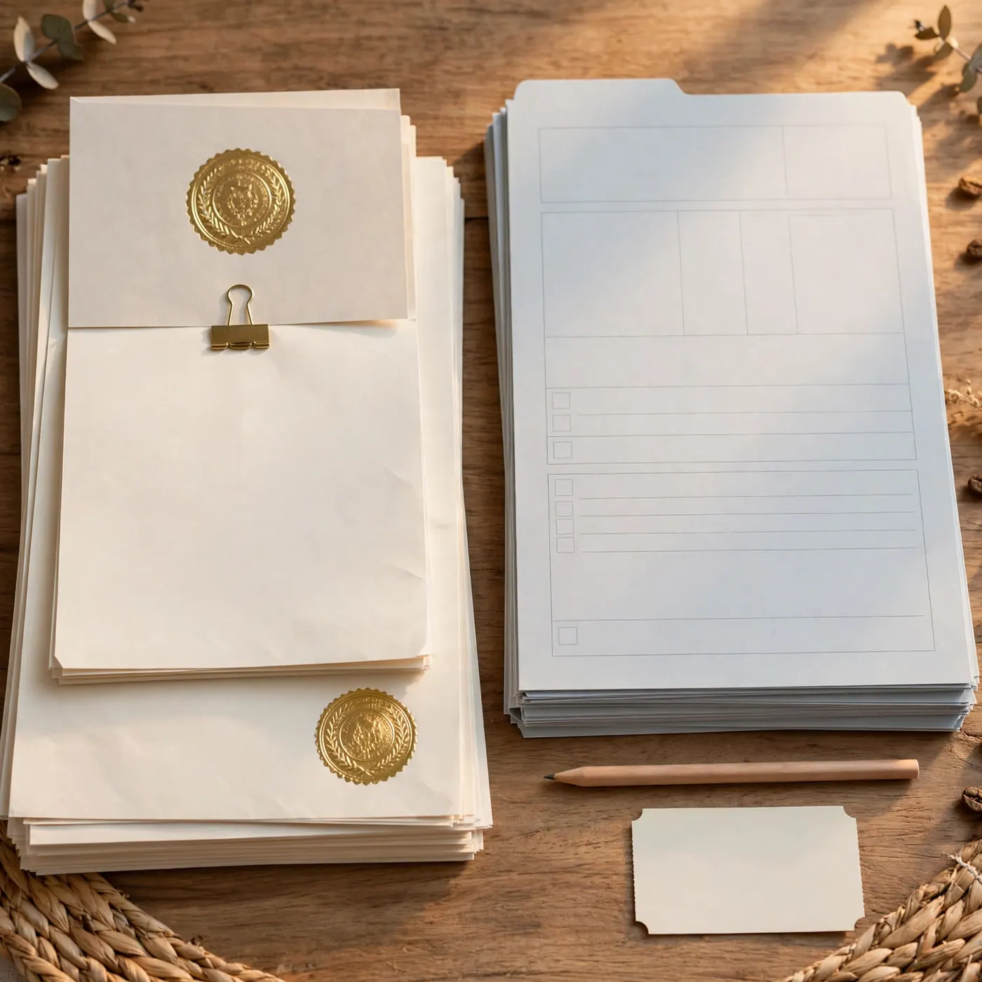 Two stacks of documents side by side: a foreign certificate with apostille and a blank registry folder with a pen and ticket