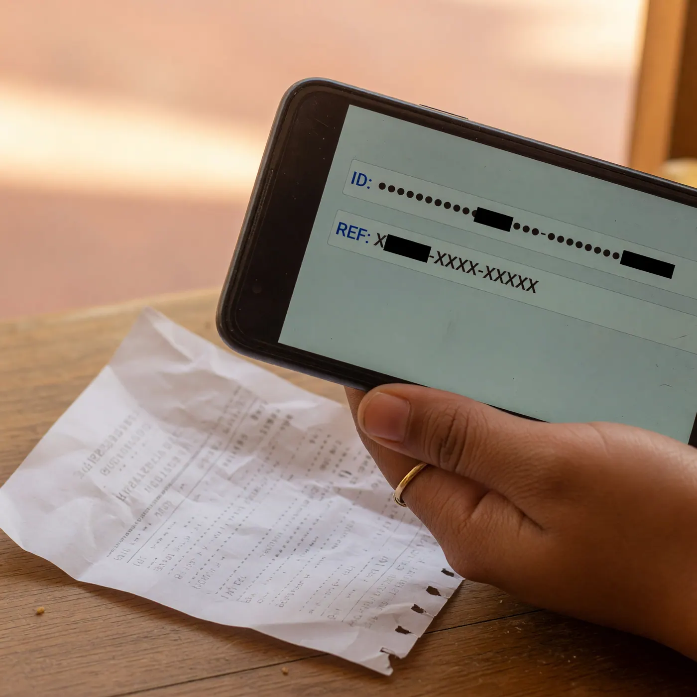 Close-up of a hand holding a smartphone showing two device identifiers beside a receipt