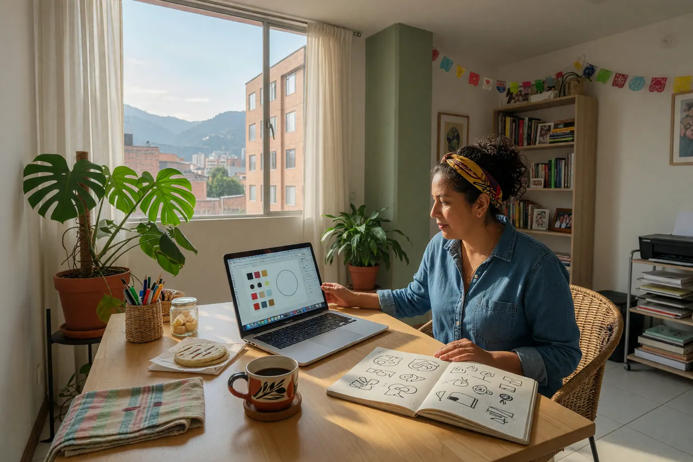 Escritorio de madera con computador portátil, libreta de bocetos, taza de café y planta en un espacio de trabajo luminoso.