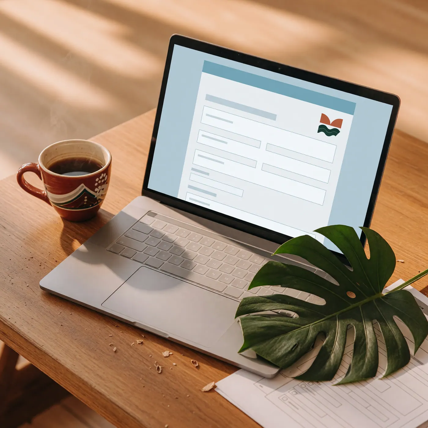 Computador portátil en un escritorio de madera mostrando un formulario digital de registro de marca al lado de una taza de café.