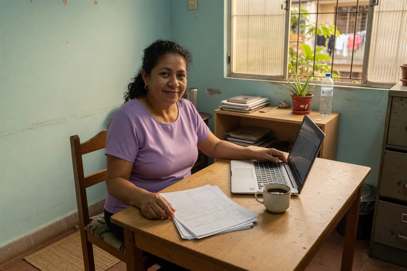 Emprendedora revisando documentos de matrícula mercantil en su oficina
