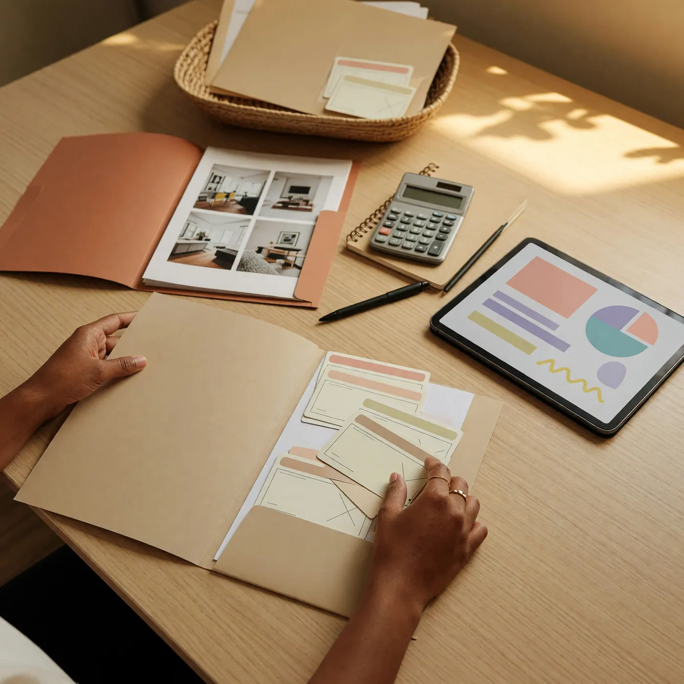 Carpetas, calculadora y tableta organizadas para formalizar un negocio