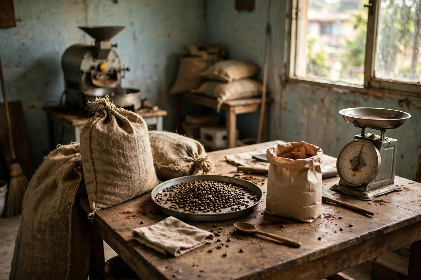 Plano amplio 3:2 de una mesa de trabajo de un tostador pequeño en Colombia, con sacos de fique, una bandeja de café tostado, una bolsa de café molido