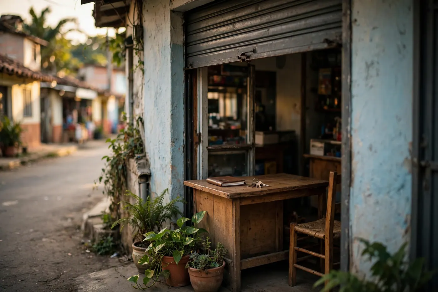 Fachada de una tienda de barrio con la reja metálica a medio abrir, un mostrador con cuaderno y llaves, y plantas en la entrada