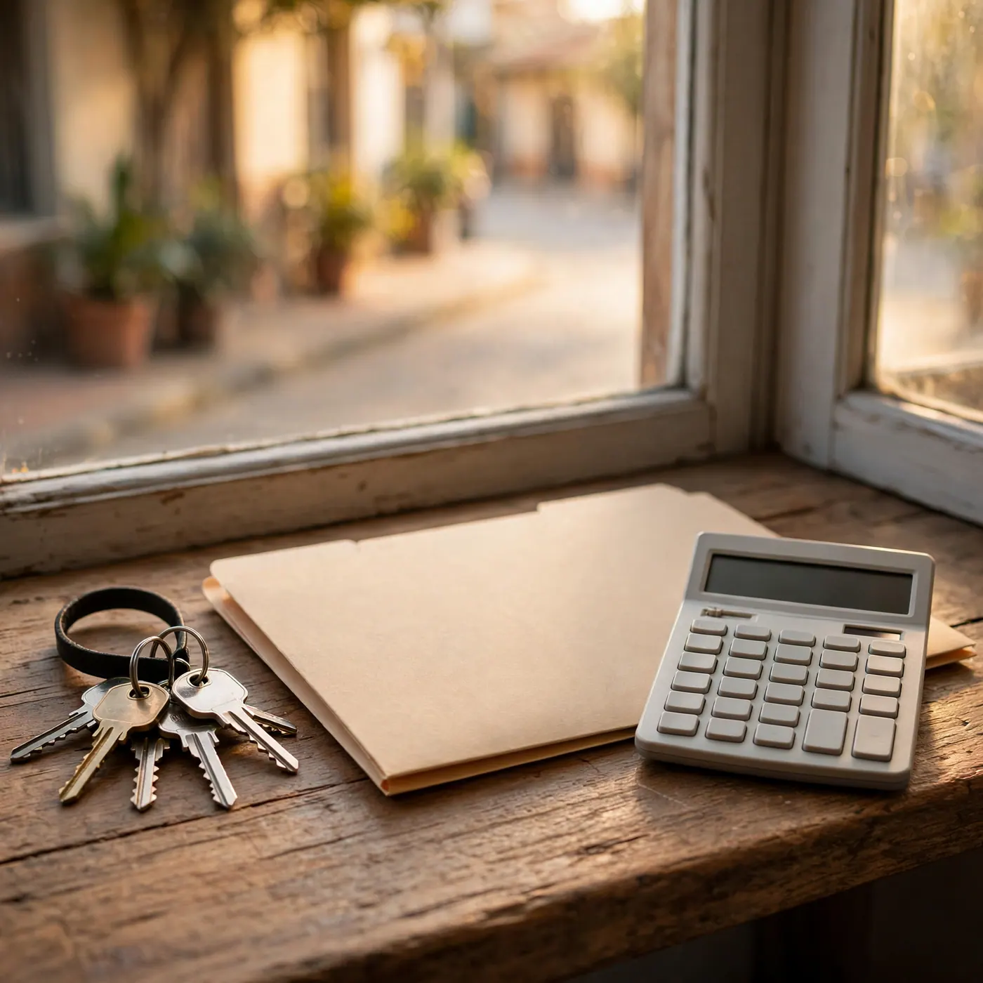 Mostrador con llaves, una carpeta cerrada y una calculadora junto a una ventana que da a la calle