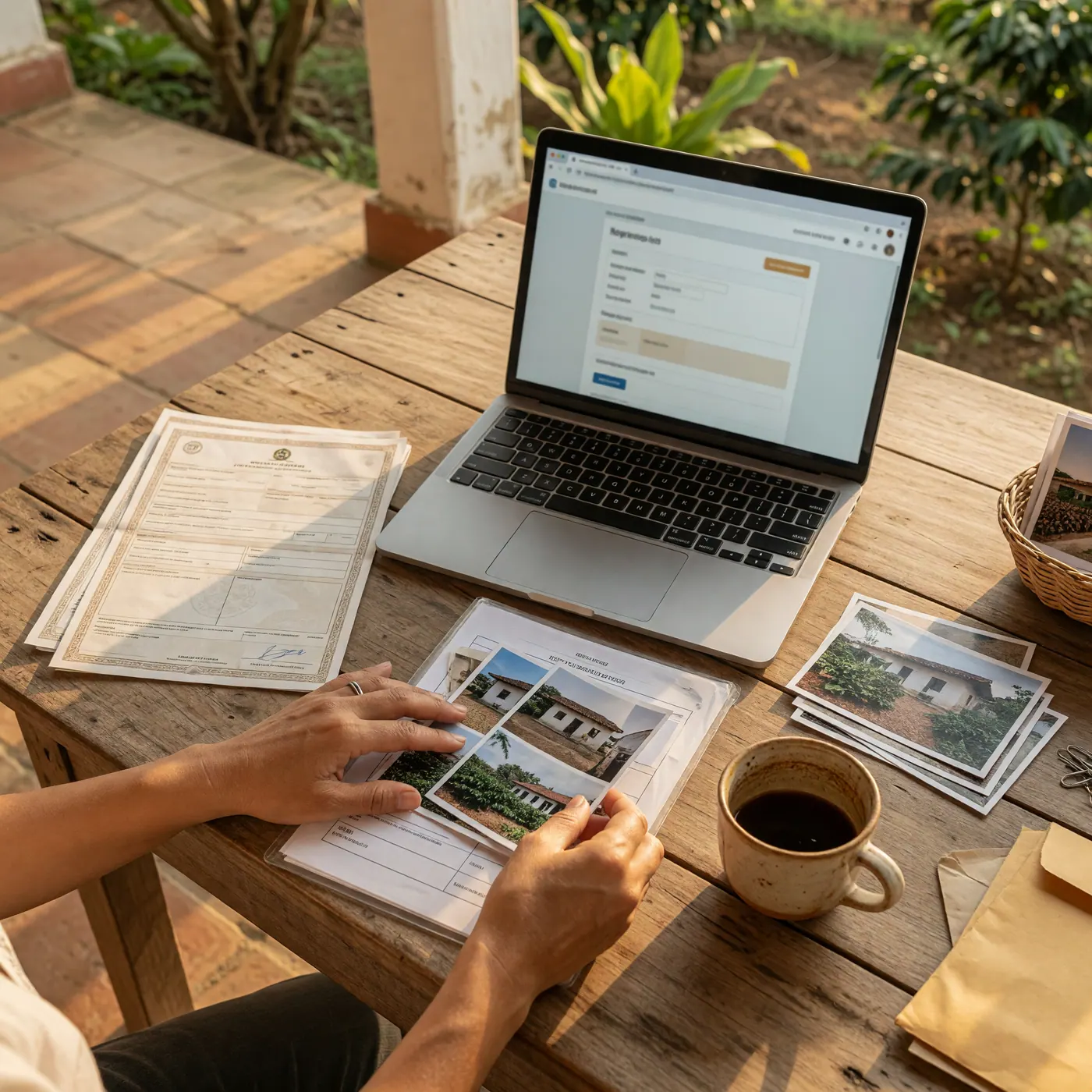 Propietario gestionando el Registro Nacional de Turismo en computador desde su finca