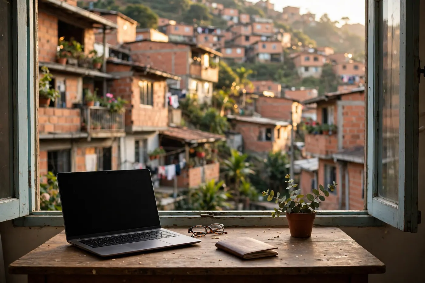 Open laptop and closed passport on a wooden table by a window overlooking brick hillside houses and balconies in warm light