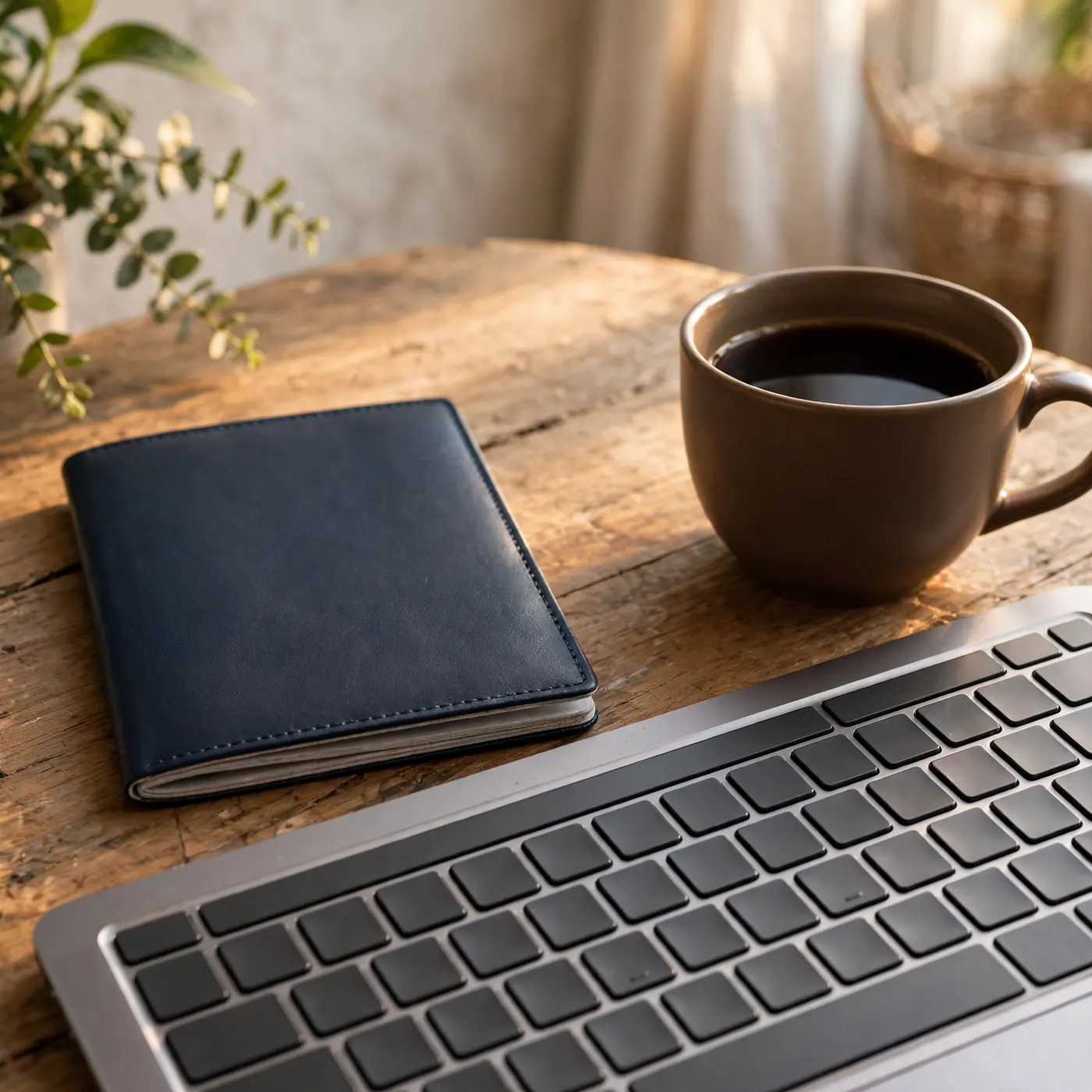 Closed passport, laptop keyboard and a cup of black coffee on a wooden table