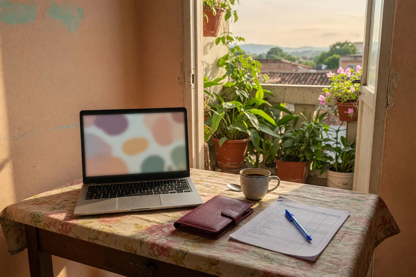 Laptop, unmarked travel-document wallet, checklist, pen and coffee on a desk beside a plant-filled balcony