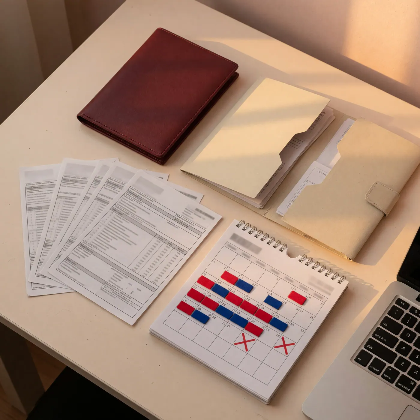 Unmarked travel-document wallet, bank statement printouts, document folders, deadline calendar and laptop on a desk