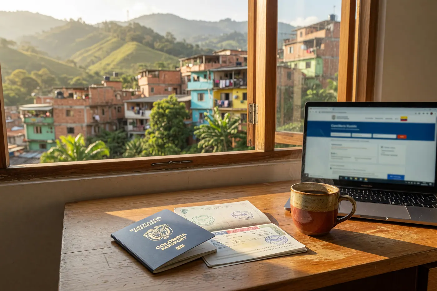 A blue passport, a laptop displaying a visa application portal, and a ceramic mug of coffee on a wooden desk with lush green hills visible through the window