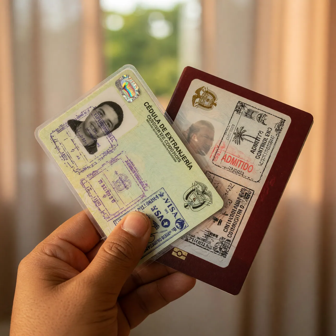 A hand holding a Colombian Cédula de Extranjería next to a passport, showing the official stamps and document details