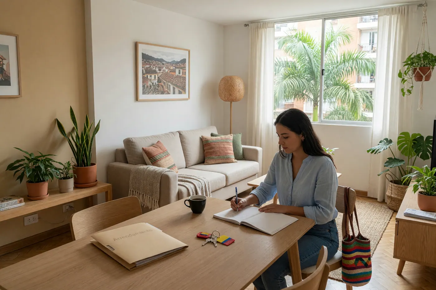 Persona revisando papeles de arriendo y llaves en la sala de un apartamento durante una visita