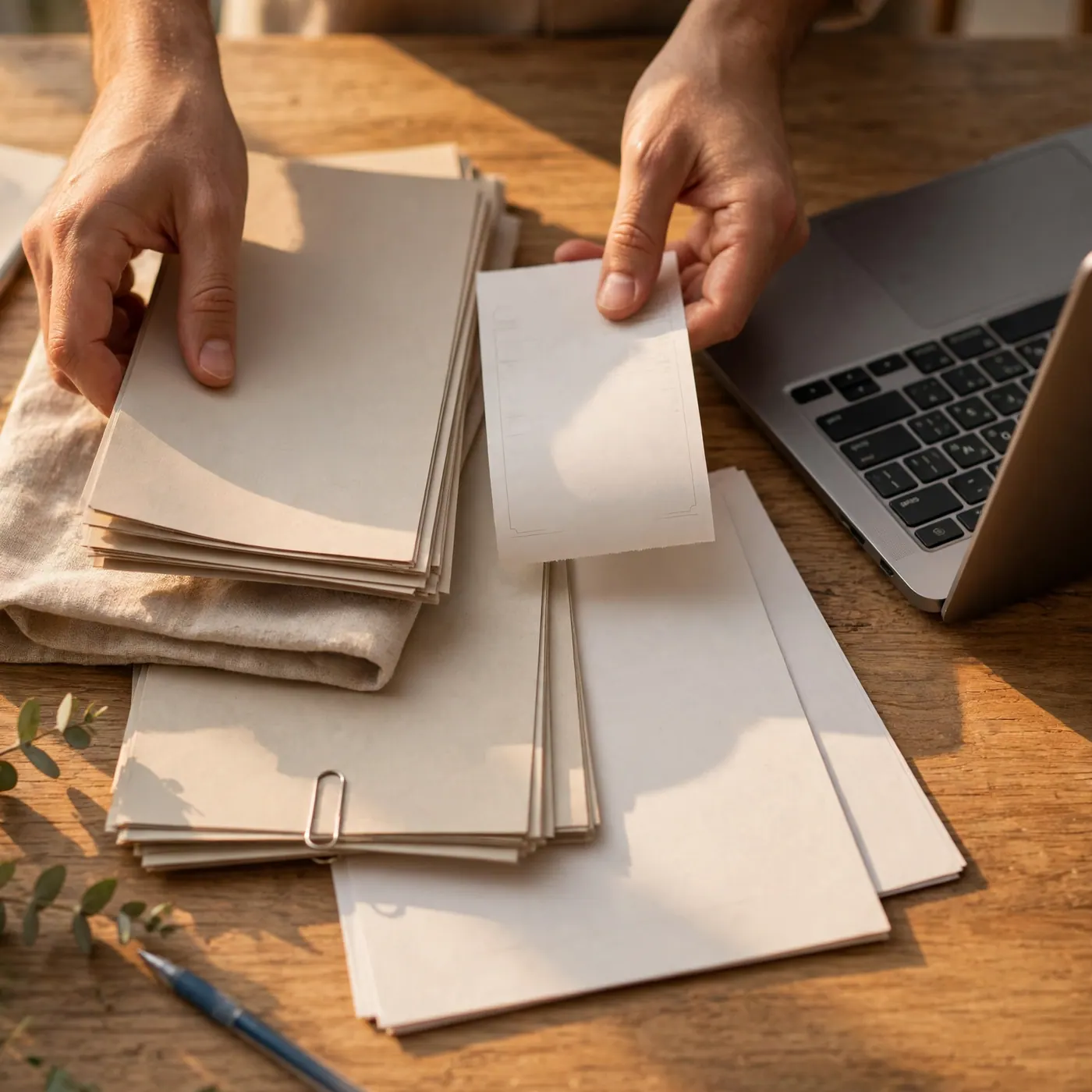 Documentos y un comprobante de pago genérico junto a un portátil sobre una mesa de trabajo, con luz natural