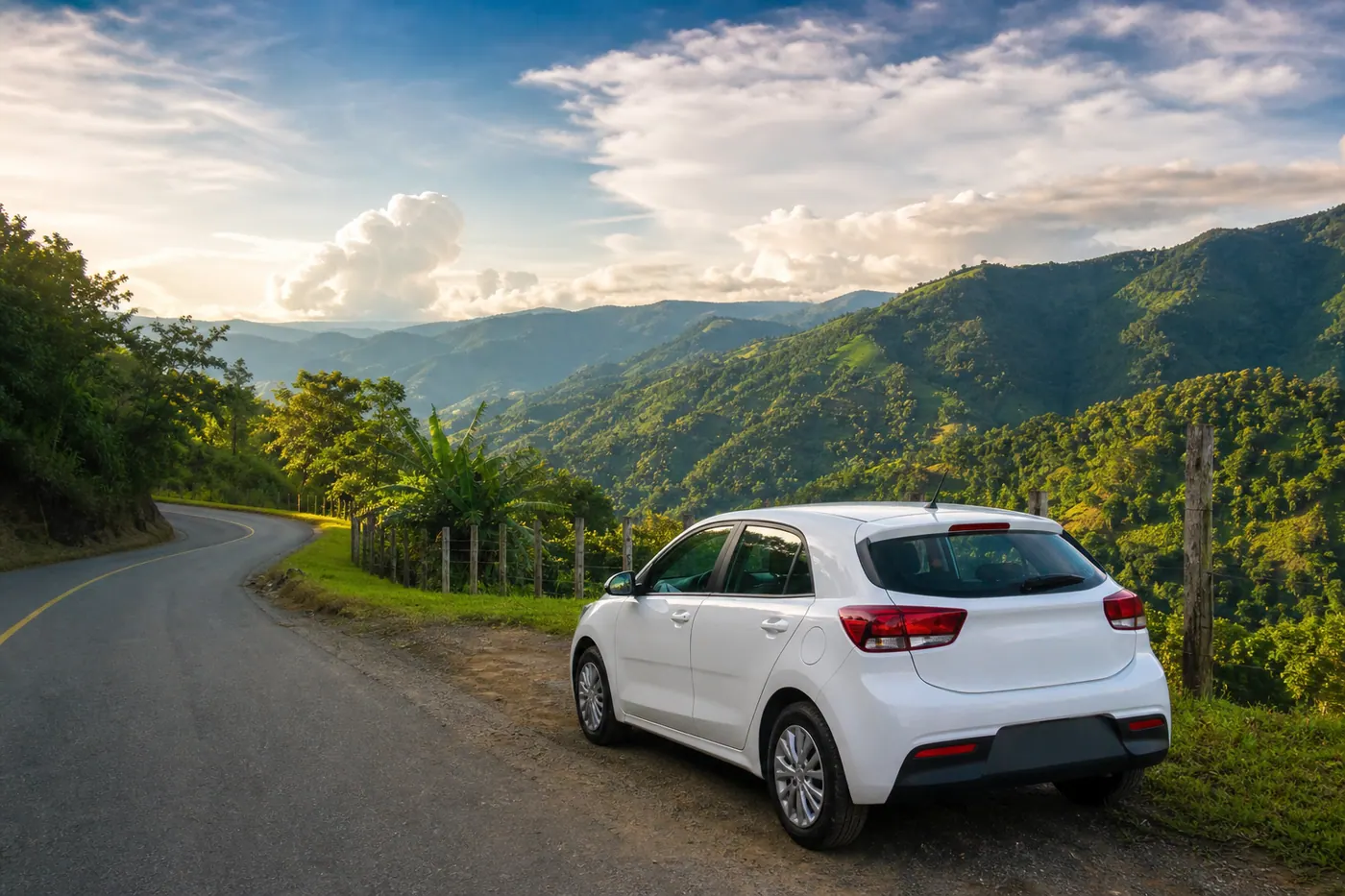 Rental car on a winding mountain road in Colombia's Coffee Region