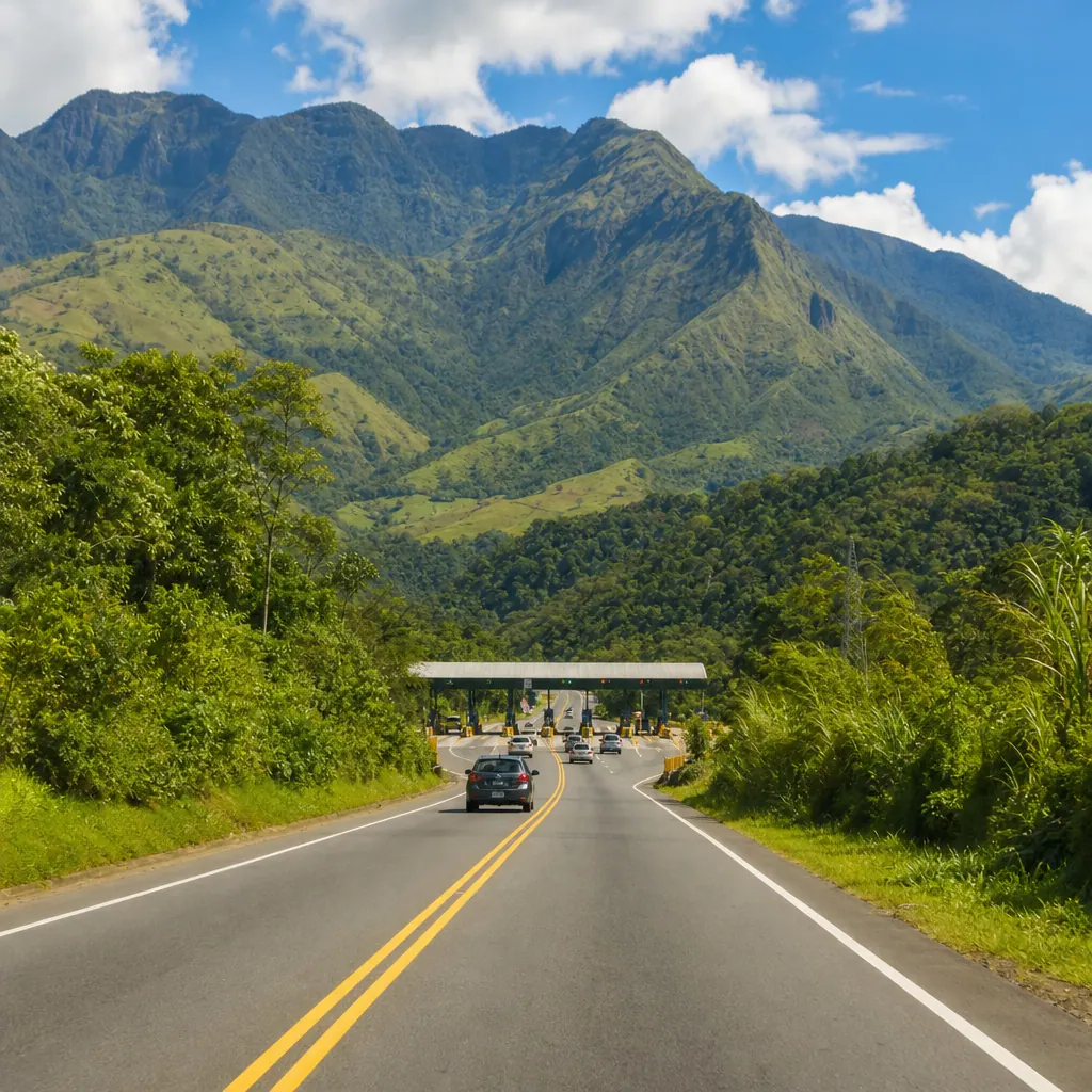 Mountain highway with toll booth in Colombia's Andean region