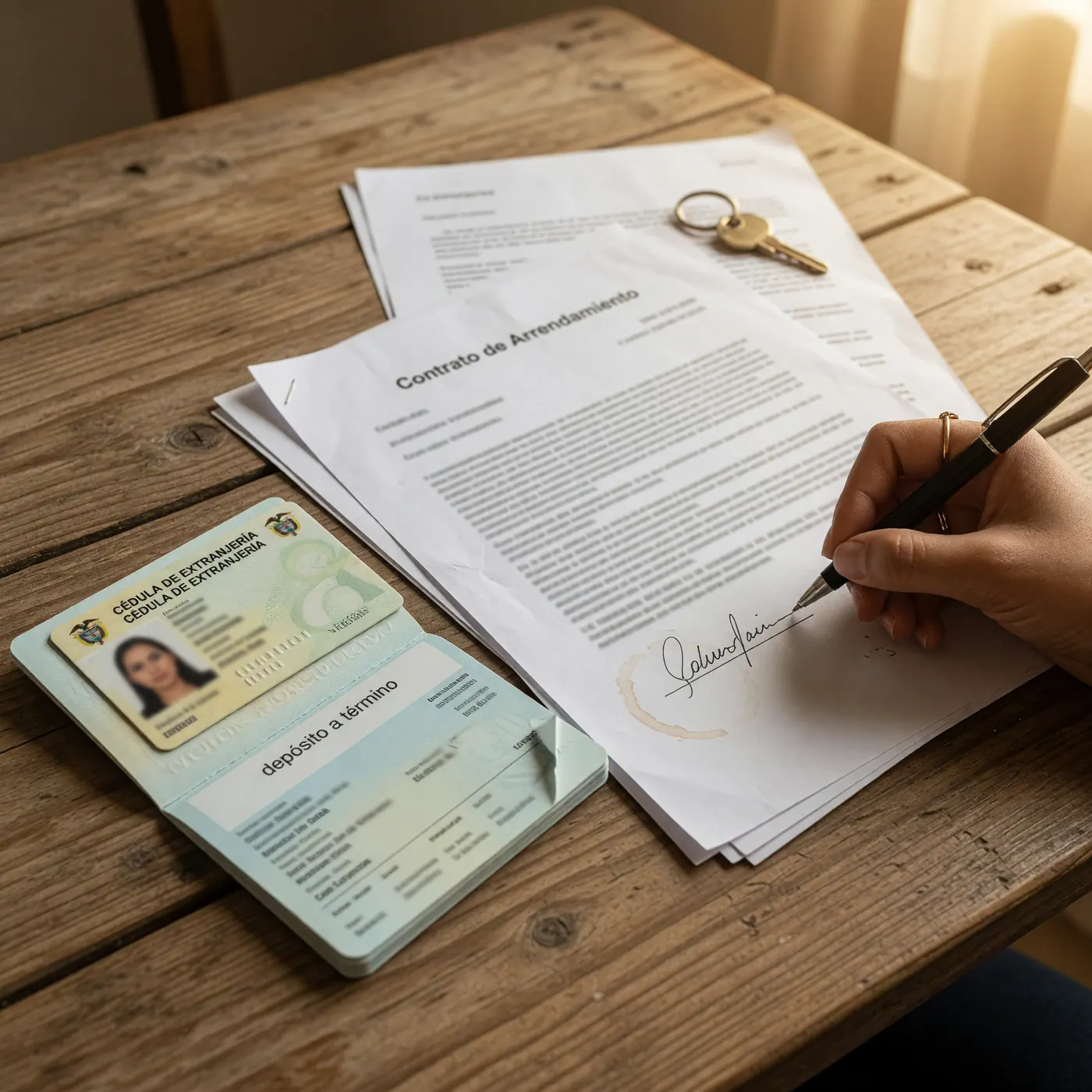Rental documents, identification and a pen arranged on a table.